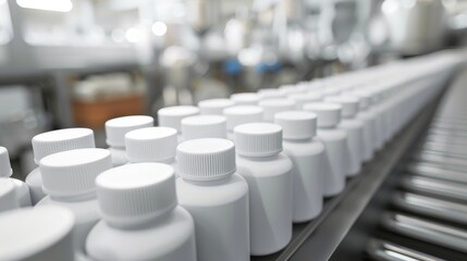 Obraz premium Many white plastic bottles for packaging medicines or cosmetics in a row on a conveyor belt in a pharmaceutical manufacturing factory