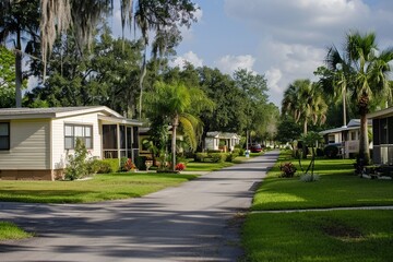 Picturesque mobile home community with lush tropical landscaping in Florida