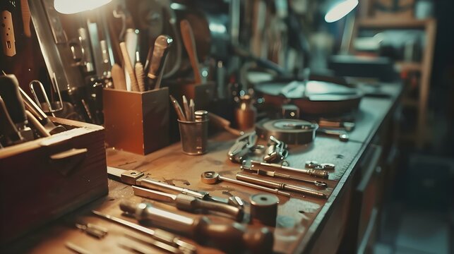 Different goldsmiths tools on the jewelry workplace