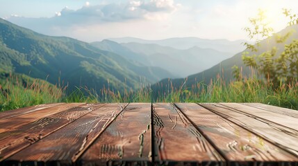 Fototapeta premium Wooden tabletop with a blurred background of mountains and grass fields Concept of freshness and relaxation Suitable for montage product displays or key visual designs Ample copy space