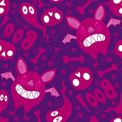 Halloween monsters animals seamless bat and ghost and skulls pattern