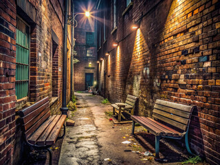 Fototapeta premium Forgotten alleyway with worn-out brick walls, dimly lit, empty benches, and discarded trash, reflecting the isolation and desolation of a depressed soul.