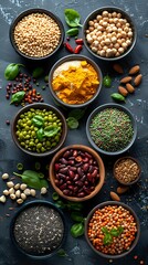 Assorted spices and herbs in bowls on a dark background, perfect for themes related to food, cooking, and culinary arts.