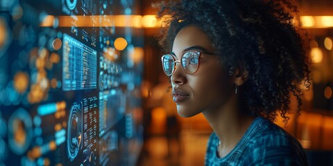 Woman analyzing data on futuristic digital screen with glowing blue and orange elements
