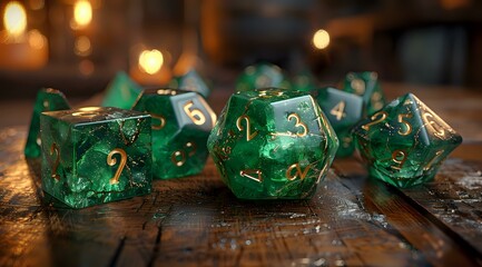 Close-up of green gaming dice on a wooden table, perfect for themes related to gaming, fantasy, and tabletop games.