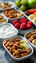 Healthy Snack Box with Nuts, Fruits, and Yogurt on Work Desk - Ideal for Diabetic-Friendly Options