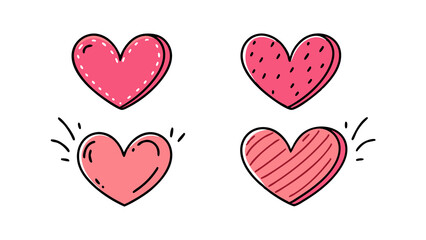 Four hand-drawn hearts with different patterns are arranged in a two-by-two grid