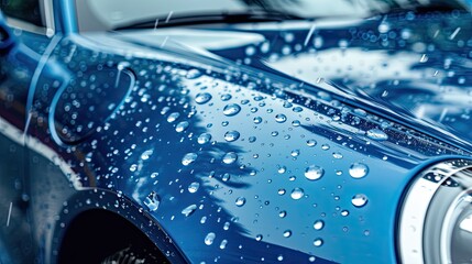 A closeup of water droplets on a blue car. Perfect for ads or articles related to car care, cleaning, or detailing.