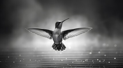 A black and white photo of a hummingbird flying with misty and dreamy background