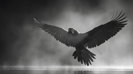 Fototapeta premium A black and white photo of a parrot flying with misty and dreamy background