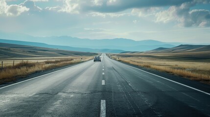 Lonely Roadside Breakdown on Deserted Highway - Car Trouble and Vast Landscape Emphasize Solitude