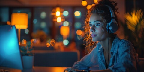 Fototapeta premium Woman wearing headphones, working late at night on a computer in a cozy, dimly lit room with warm ambient lights