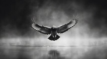 Obraz premium A black and white photo of a Pigeon flying with misty and dreamy background