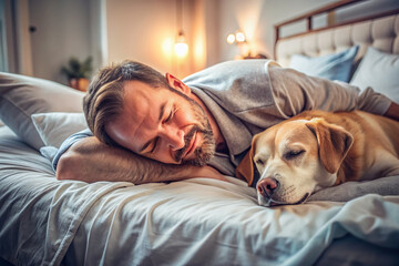 A serene atmosphere fills the room as a man peacefully slumbers in bed alongside his loyal dog, both basking in a warm and cozy comfort.