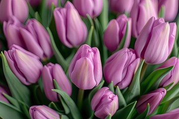 Obraz premium Close-up of purple tulips. Perfect for spring-themed designs, floral arrangements, and romantic occasions.