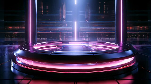Abstract neon purple futuristic cylindrical round hi-tech platform stand