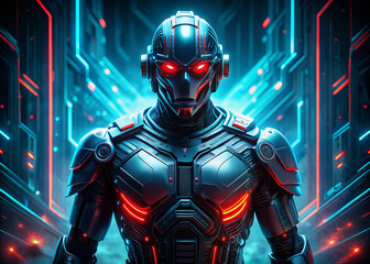 Fototapeta premium Futuristic armor clad robotic figure with neon blue circuitry and glowing red eyes stands poised, ready to combat digital threats in a dark cyber realm.