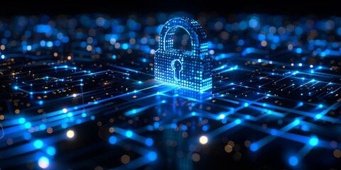 Digital padlock on a glowing blue circuit board representing cybersecurity and data protection