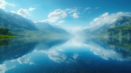 A beautiful mountain lake with a clear blue sky above it. The sky is dotted with clouds, giving the scene a serene and peaceful atmosphere