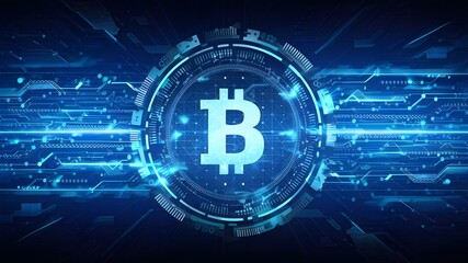 Fototapeta premium Bitcoin and cryptocurrency logo, concept of blockchain technology, where digital information is being transferred in a secure and efficient manner.