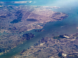 aerial landscape view of  New York area with Manhattan District located between Hudson River, East...