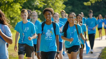 Teenagers in Matching T-Shirts Participating in Diabetes Awareness Walkathon at Scenic Park