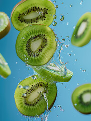 Fresh Sliced Kiwi Fruit with Water Splash on Blue Background