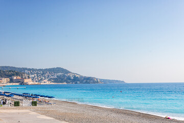 Fototapeta premium View of the beach in Nice, France, Promenade des Anglais