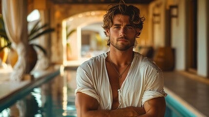 Obraz premium Young Man With Wavy Hair Stands Near Pool in Tropical Resort
