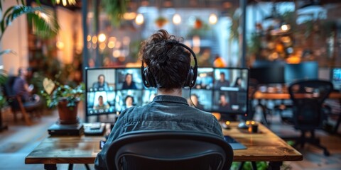 Naklejka premium Person wearing headphones, attending a virtual meeting on multiple screens in a modern, cozy office with plants and warm lighting