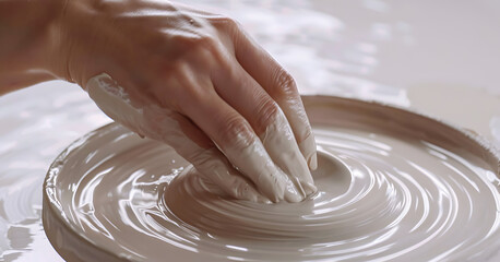 hands of a potter working on a beautiful clay vase on the pottery wheel