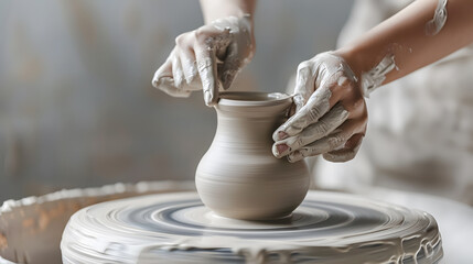 hands of a potter working on a beautiful clay vase on the pottery wheel