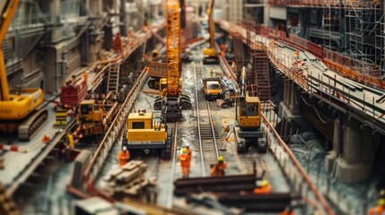 Intricate Metro Construction Scene with Heavy Machinery and Workers Coordinating Urban Development