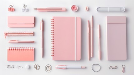 Artistic stationery and office supplies including pens, notebooks, and paper clips on a pristine white background. 32k, full ultra HD, high resolution