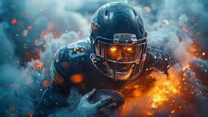 Portrait of a young american football player in helmet. Shallow depth of field