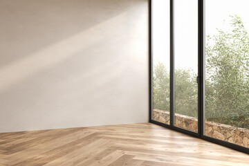 Modern interior design of apartment, empty living room with beige wall, panorama. © leymandesign