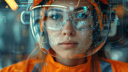 Intrepid Industrial Worker Woman Embracing Technology in Safety Attire with Copy Space
