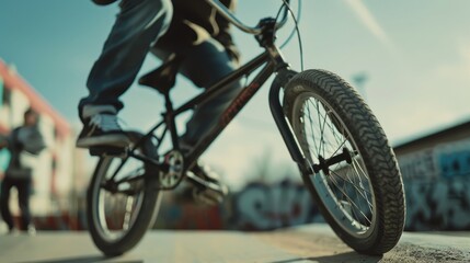 Fototapeta premium Close-up of a BMX rider doing a trick.