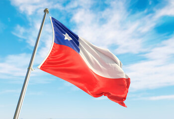 3d rendering Chile flag waving in the wind on flagpole. Perspective wiev Chile flag waving a blue cloudy sky