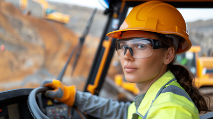 woman construction worker in a uniform and safety glasses driving a backhoe at an industrial site