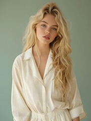 Fototapeta premium Elegant Blonde Woman in White Pajamas with a Simple Background