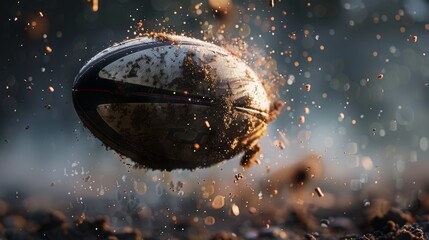 Close up of a muddy rugby ball on a grass field with dirt and water droplets splashing around it