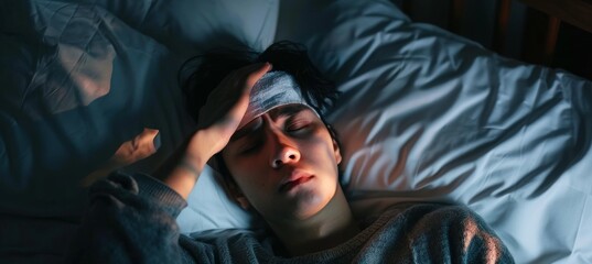 Fototapeta premium Man Resting in Bed with Cold Compress on Forehead in Dimly Lit Room - Comfort, Illness, Recovery