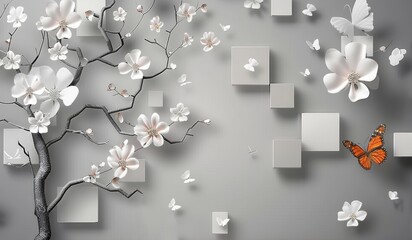 3d mural wallpaper with simple floral painting light gray background. drawing modern flowers for bedroom decor, Generative AI