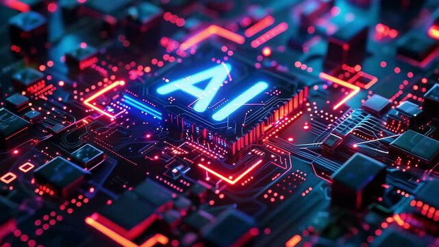 Neon AI text glowing in the dark, digital artificial intelligence banner, technology and innovation businesses, data science and cybernetics industries, web internet concept