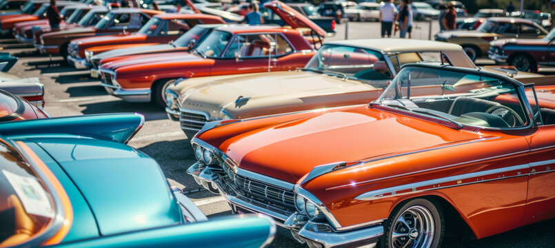 Classic Car Show: Vintage Cars Displayed in Sunlit Parking Lot for Enthusiasts