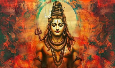 Lord Shiva with colorful background golden red orange wallpaper, God Shiv bholenath Mahadev poster design for wallpaper Mandir Temple Mahadev 3d mural, Generative AI