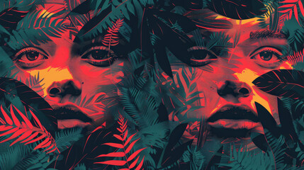 Fototapeta premium abstract illustration with faces hidden within complex patterns or foliage, representing the feeling of hidden threats and the pervasive suspicion characteristic of paranoia