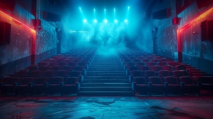 Empty Movie Theater Seats Under Blue and Red Lights