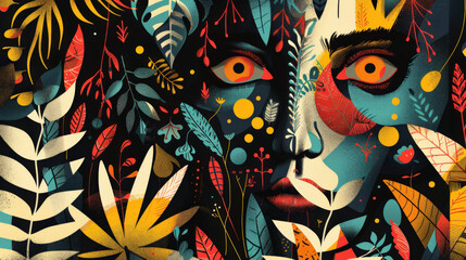 Fototapeta premium abstract illustration with faces hidden within complex patterns or foliage, representing the feeling of hidden threats and the pervasive suspicion characteristic of paranoia